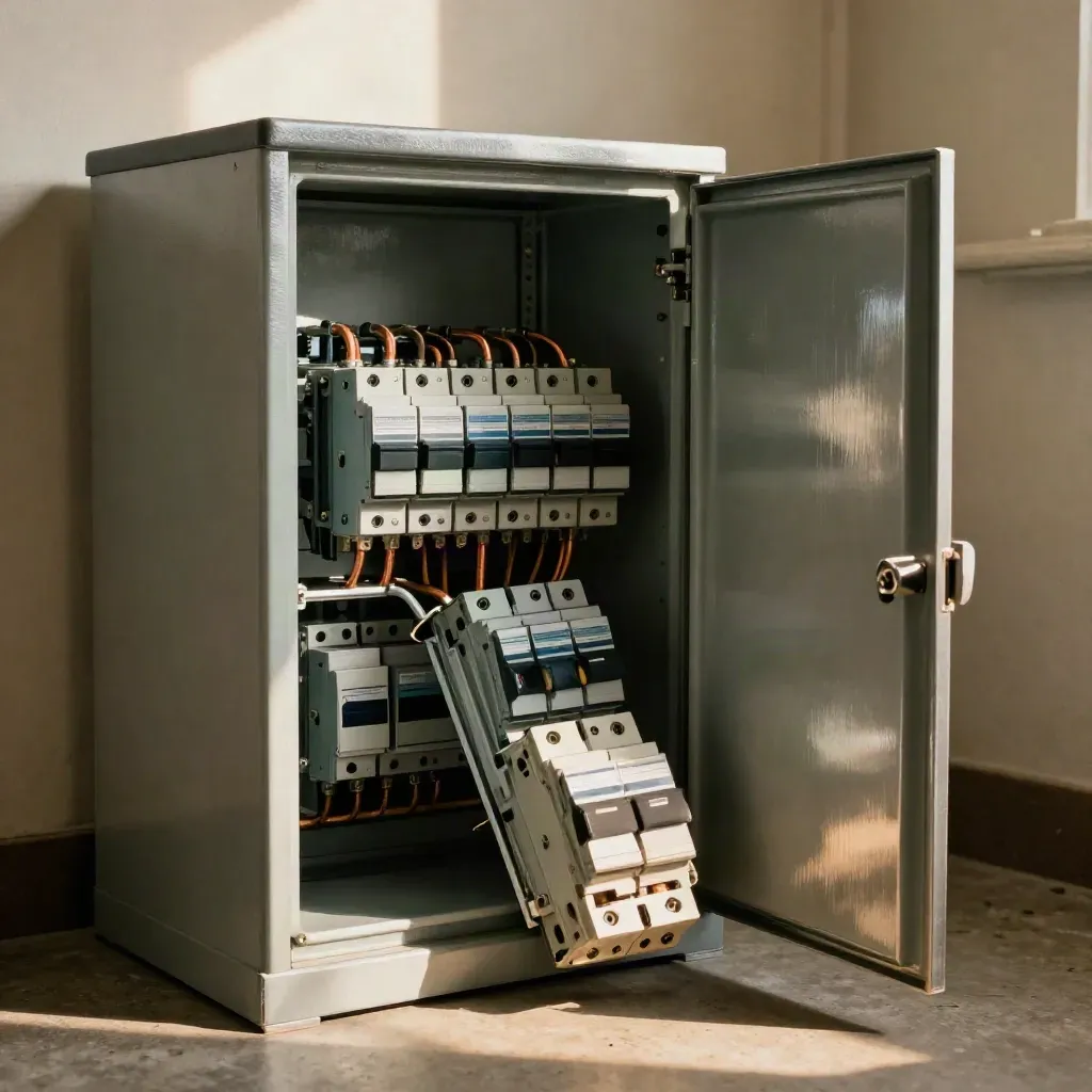 Quadro elettrico aperto con moduli differenziali e cacciavite in un locale tecnico.