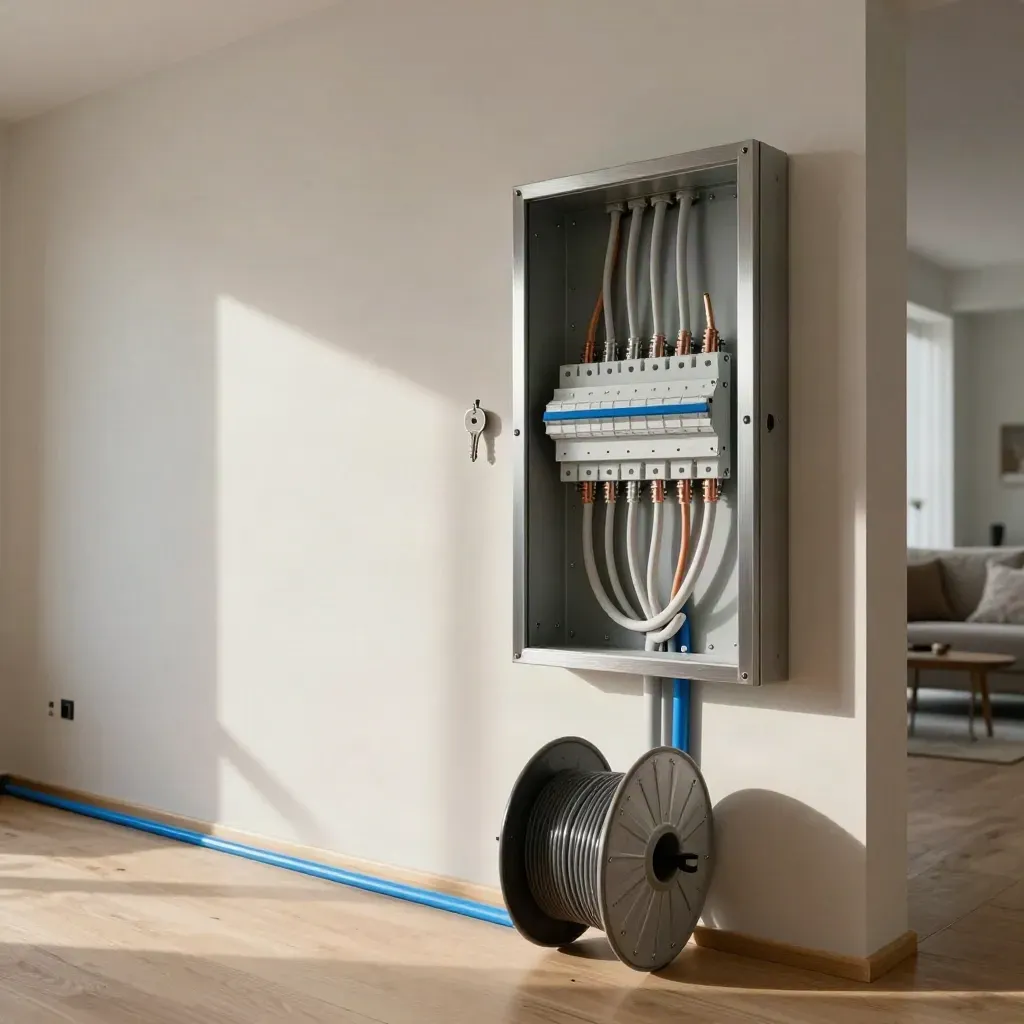 Quadro elettrico e cavi installati in un interno moderno, luce drammatica e polvere sospesa.