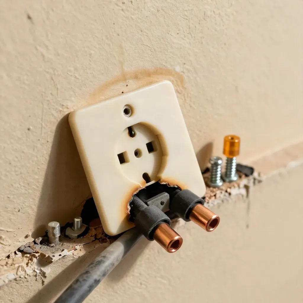 Presa elettrica bruciata con facciata rimossa e ricambi pronti al ripristino.