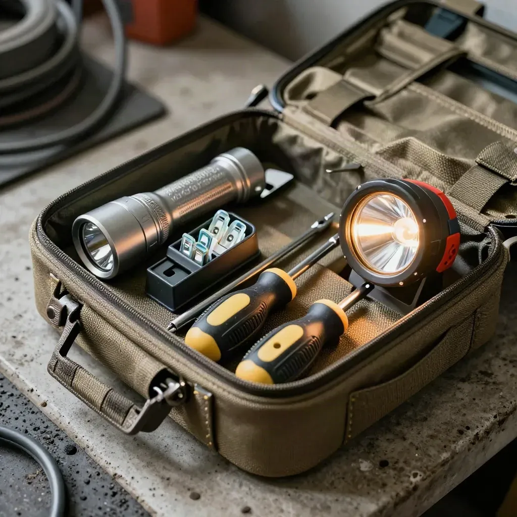 Kit di pronto intervento elettrico con torcia, fusibili e cacciaviti in una custodia robusta.