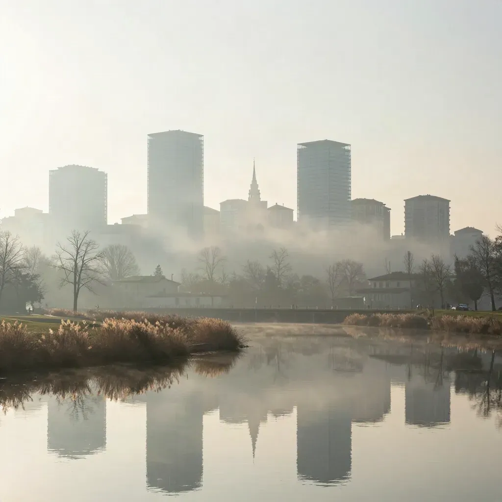 Skyline lombardo all’alba tra la nebbia sopra acqua calma e parco silenzioso